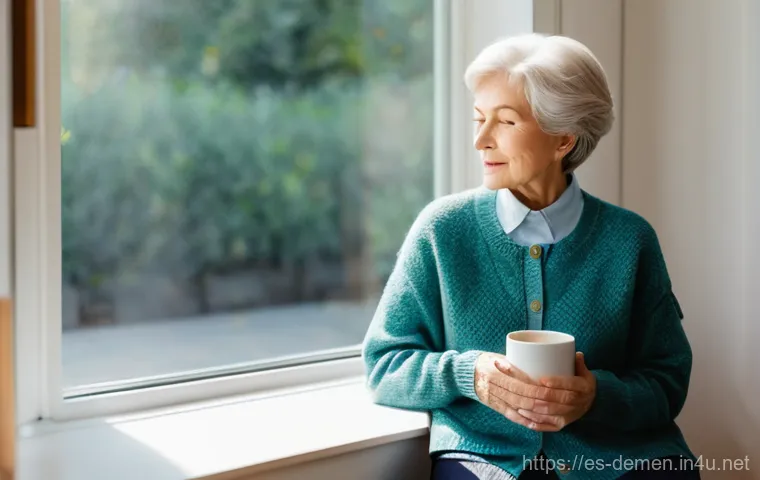 치매관리사 고충과 해결 방안 - **Prompt:** A serene indoor scene depicting a female caregiver, appearing to be in her late 40s to e...