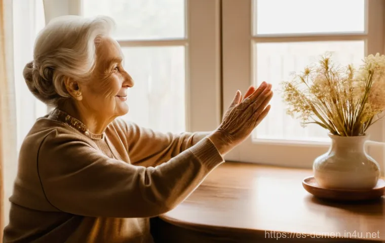 치매관리사와 지역사회 지원 사례 - **Prompt:** A heartwarming and supportive scene inside a bright, clean, and moderately decorated hom...