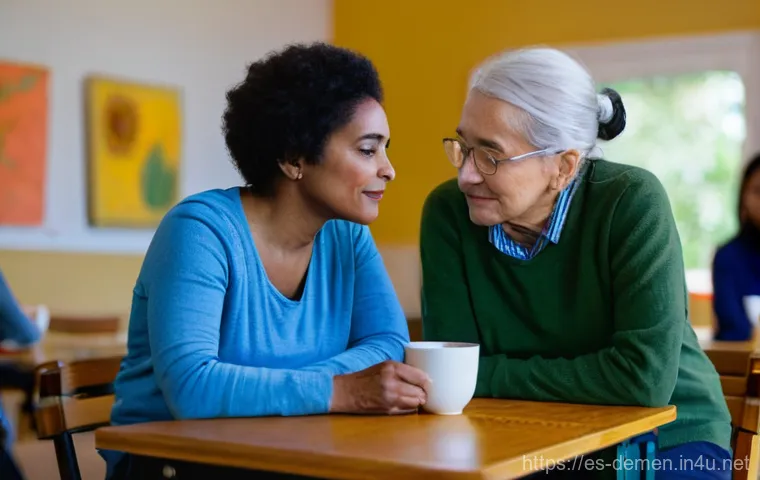 치매관리사와 지역사회 지원 사례 - **Prompt:** A heartwarming and supportive scene inside a bright, clean, and moderately decorated hom...