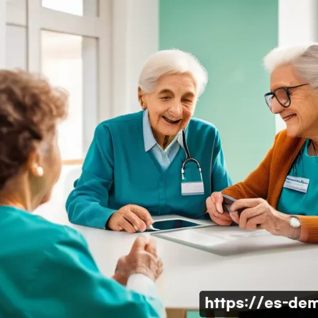 치매관리사 역할에 대한 대중 인식 - A warm and bright scene inside a modern Spanish day care center specialized in dementia care, showin...