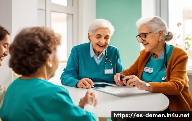 치매관리사 역할에 대한 대중 인식 - A warm and bright scene inside a modern Spanish day care center specialized in dementia care, showin...