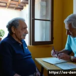 Home 21 치매관리사 자격증 필수 용어 정리 - ) A warm, photorealistic domestic assessment scene in a small Mediterranean apartment: an older Span...