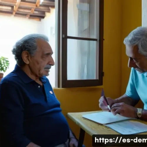 Home 33 치매관리사 자격증 필수 용어 정리 - ) A warm, photorealistic domestic assessment scene in a small Mediterranean apartment: an older Span...