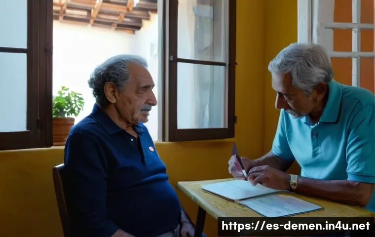치매관리사 자격증 필수 용어 정리 - ) A warm, photorealistic domestic assessment scene in a small Mediterranean apartment: an older Span...