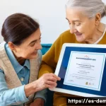 Home 20 치매관리사 취업 준비 필수 서류 - A professional caregiver in Spain attentively assisting an elderly person with dementia in a cozy, w...