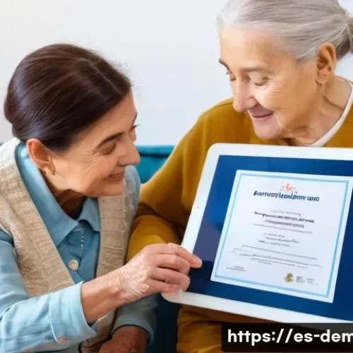 Home 32 치매관리사 취업 준비 필수 서류 - A professional caregiver in Spain attentively assisting an elderly person with dementia in a cozy, w...