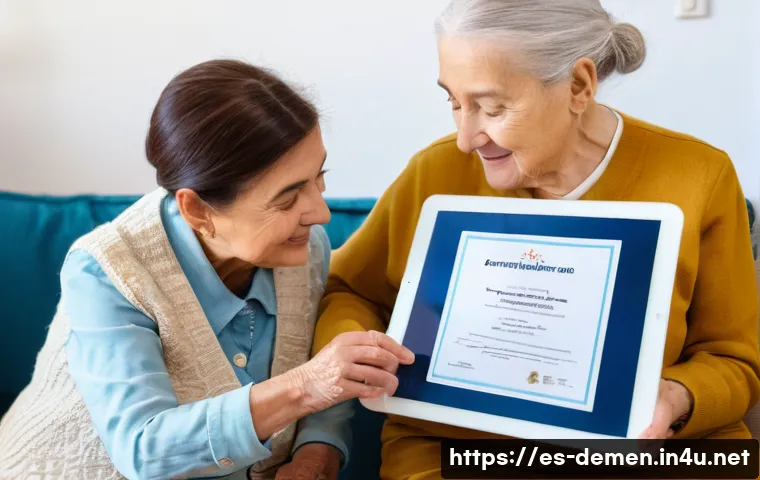 치매관리사 취업 준비 필수 서류 - A professional caregiver in Spain attentively assisting an elderly person with dementia in a cozy, w...