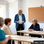 Home 19 치매관리사와 관련된 최신 법률 - A professional training session for dementia caregivers in a modern classroom setting in Spain, feat...
