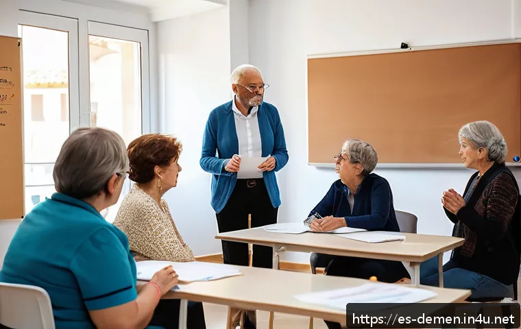 치매관리사와 관련된 최신 법률 - A professional training session for dementia caregivers in a modern classroom setting in Spain, feat...