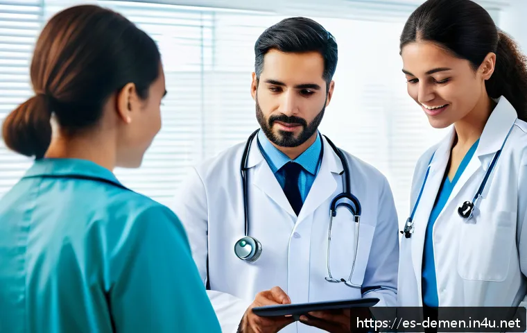 치매관리사 실습 일지 작성법 - A professional healthcare setting showing a diverse team of medical staff&mdash;including doctors, nurses,...